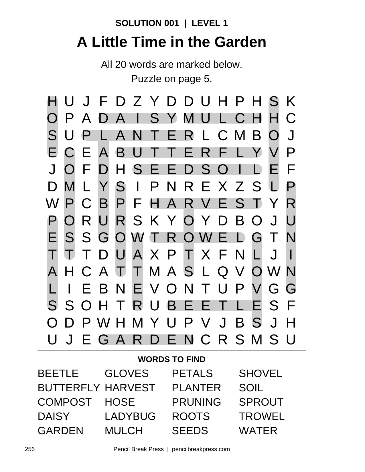 Actual full-page solution for the first word search, with answers marked in gray