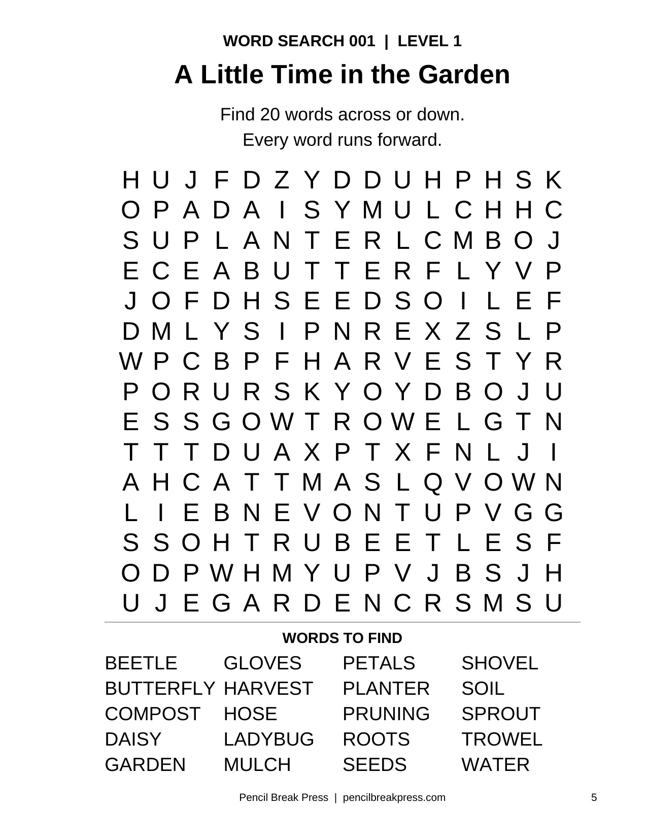 Actual first word search page with a 15 by 15 grid and 20-word list
