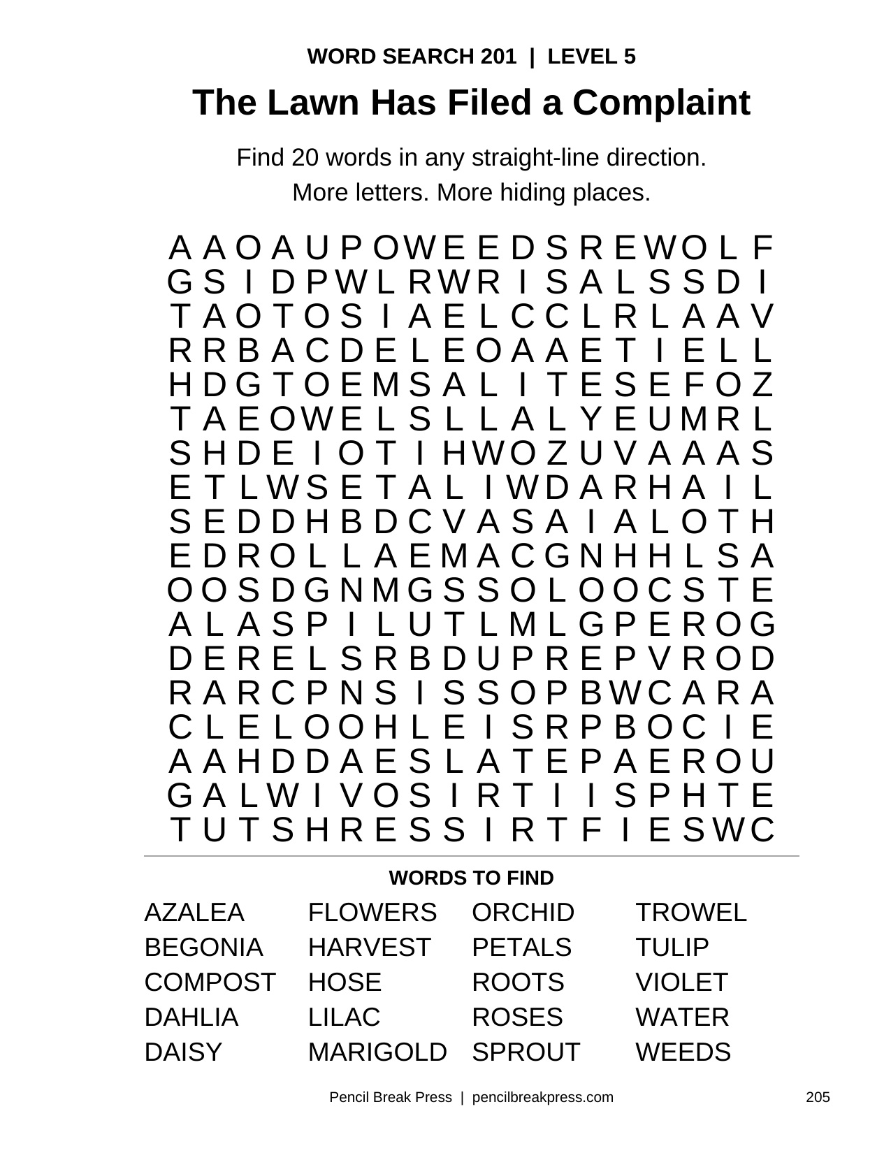 Actual Level 5 word search page with an 18 by 18 grid and 20-word list