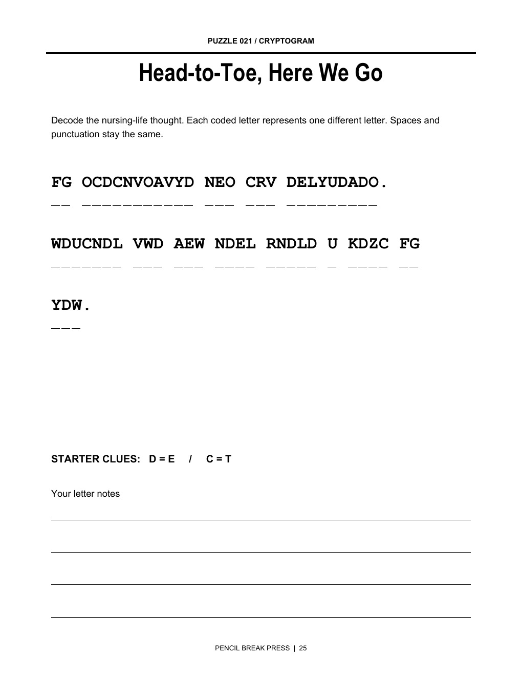 Actual cryptograms page from Care Plan: Finish My Coffee.
