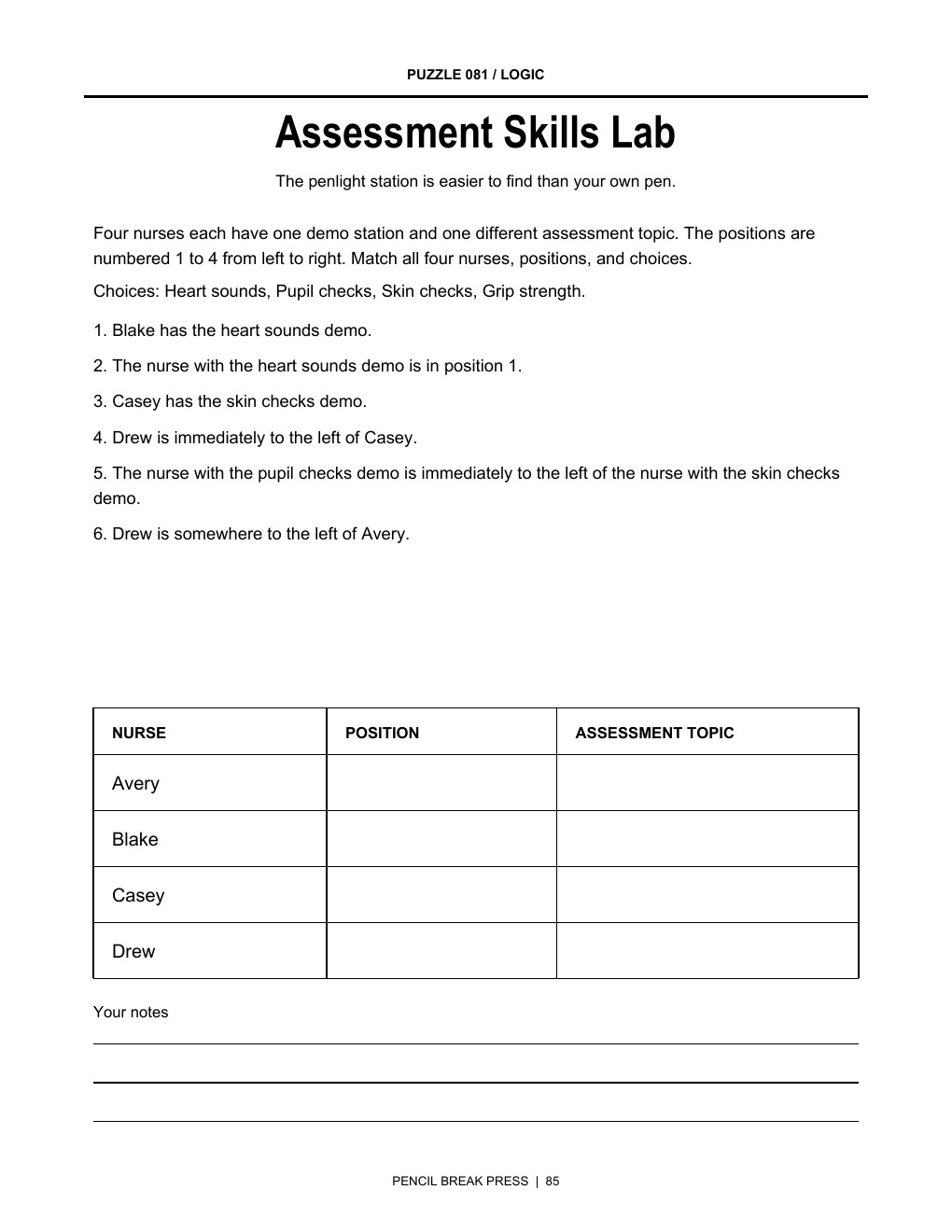 Actual logic puzzles page from Care Plan: Finish My Coffee.