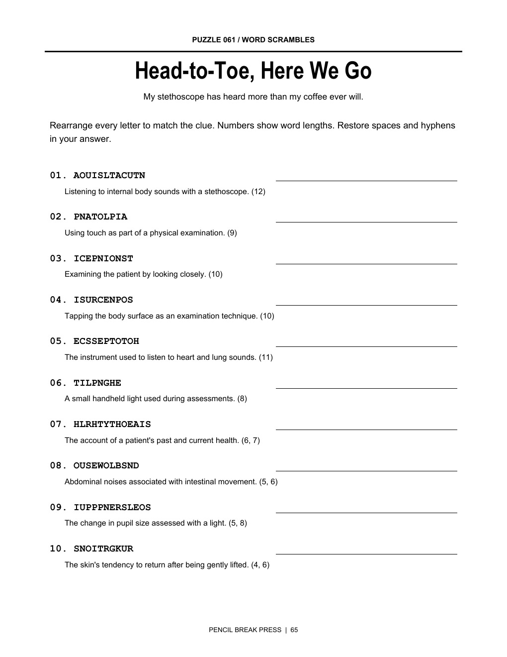 Actual word scrambles page from Care Plan: Finish My Coffee.