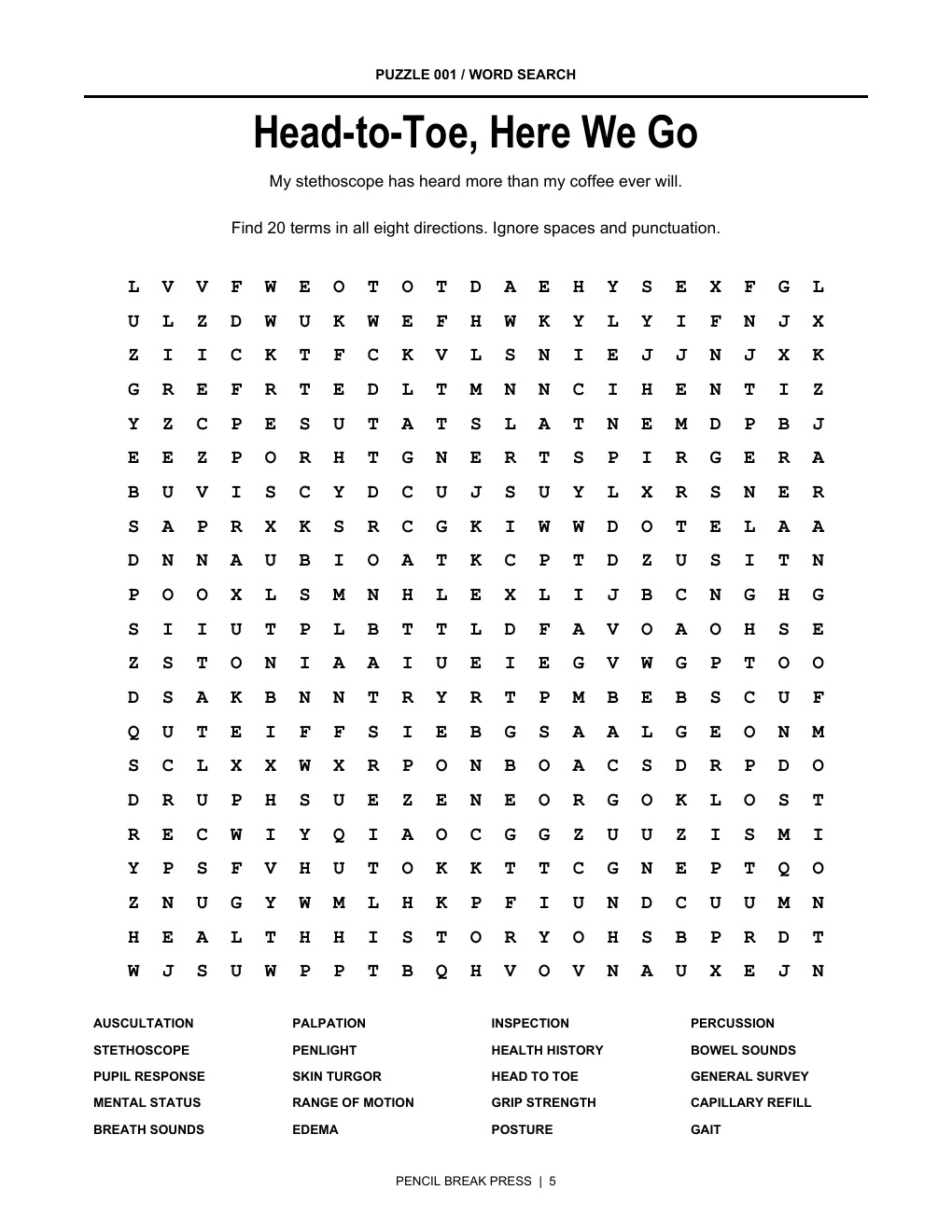 Actual word searches page from Care Plan: Finish My Coffee.