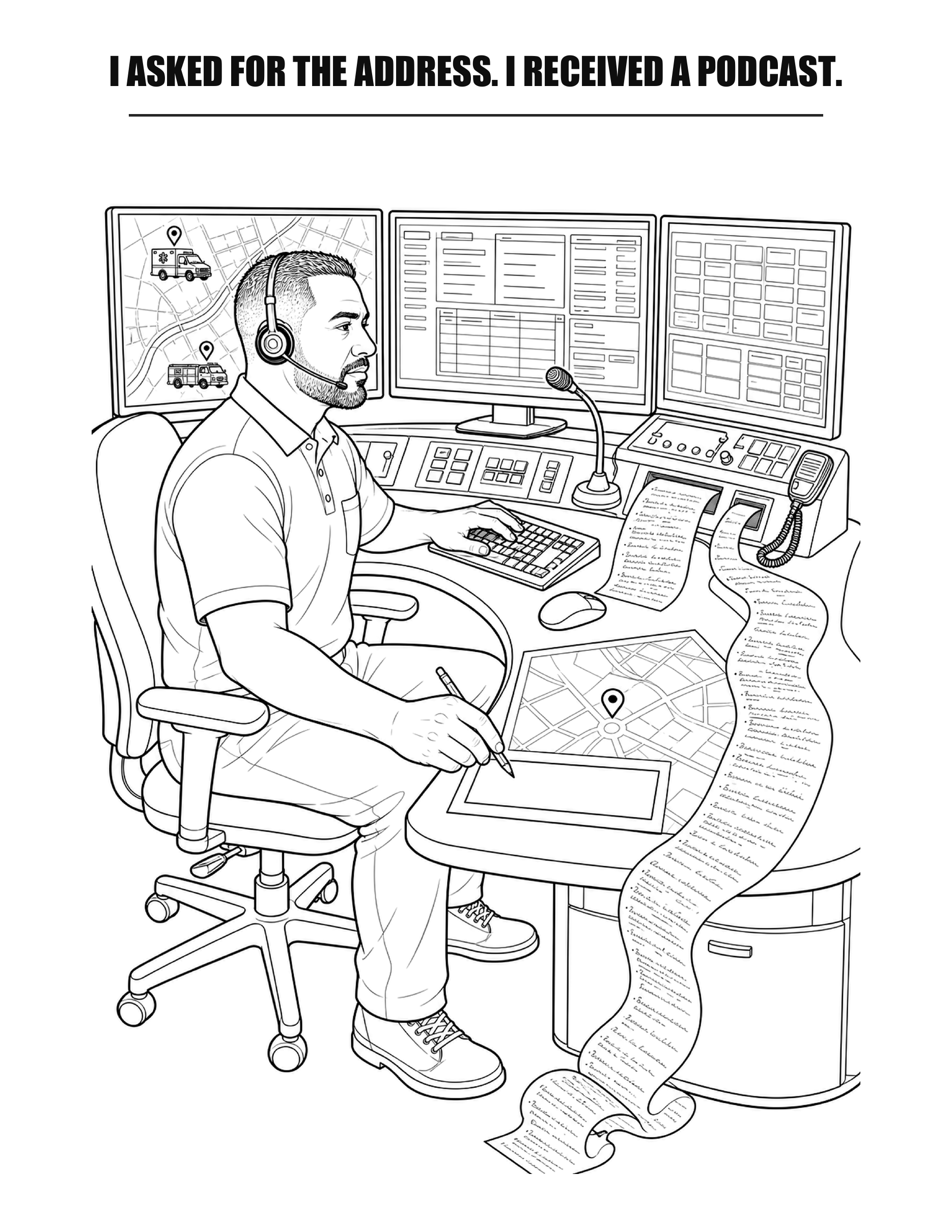 Actual black-and-white coloring page showing a dispatcher receiving a long stream of call details without a clear address