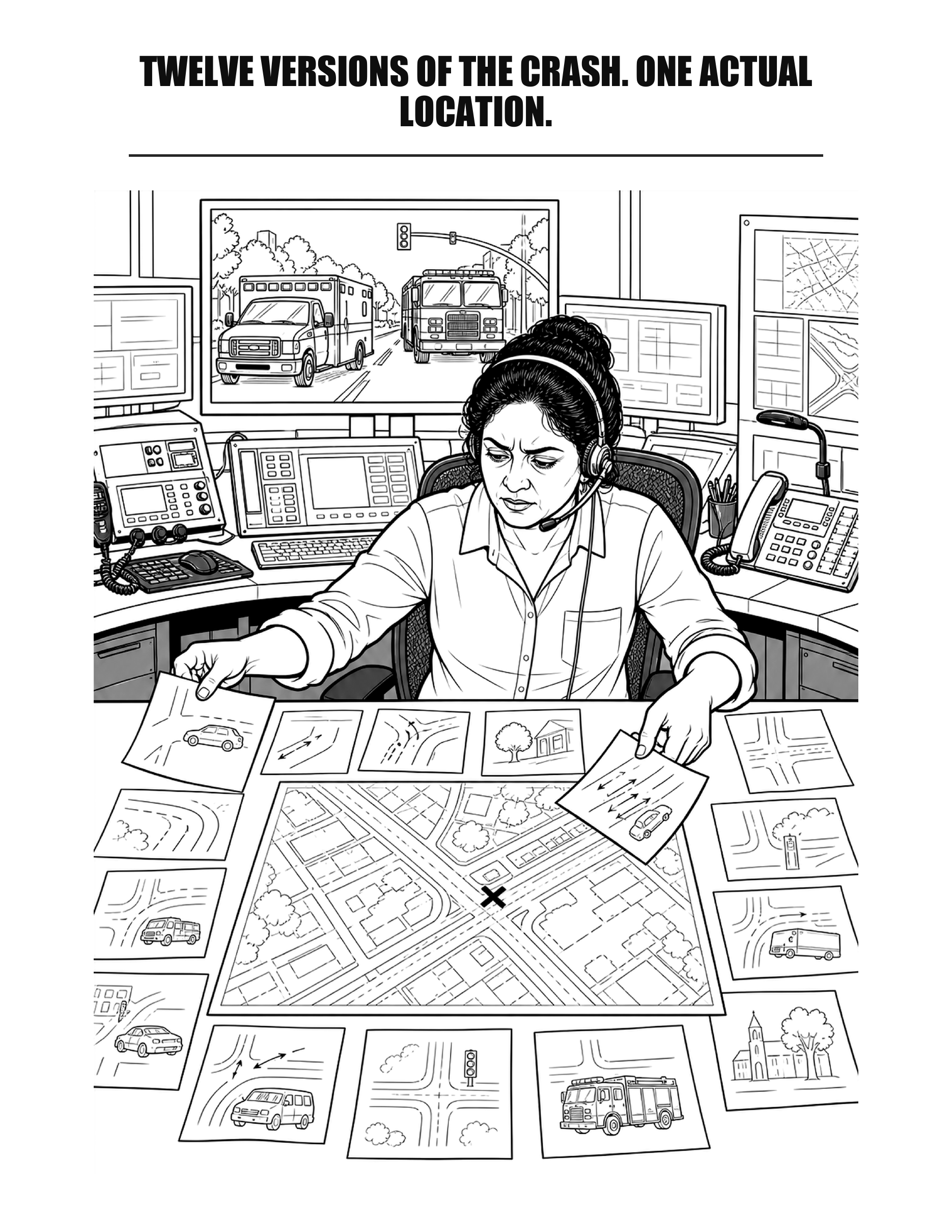 Actual black-and-white coloring page showing a dispatcher comparing many caller versions of a crash location