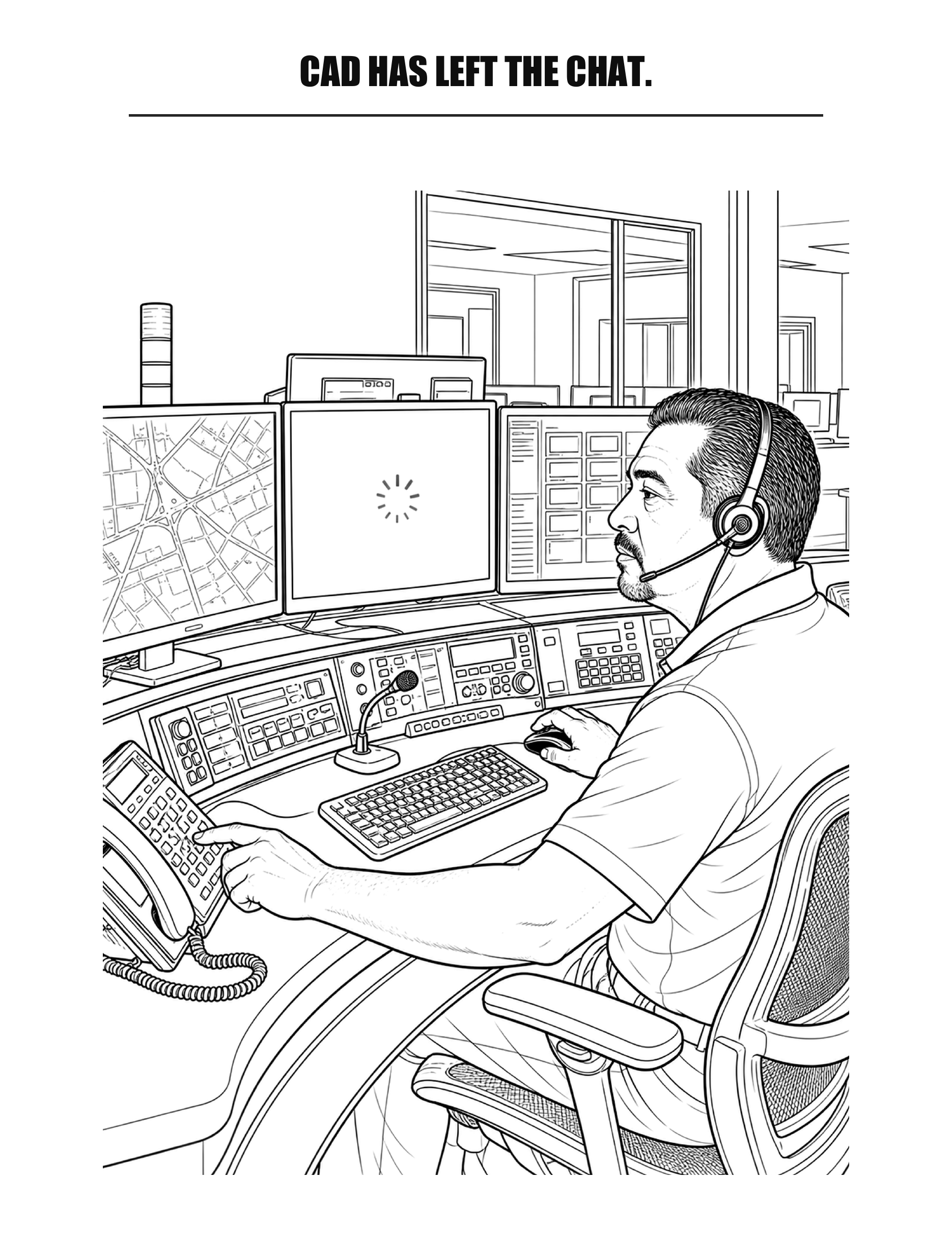 Actual black-and-white coloring page showing a dispatcher working around a frozen CAD screen
