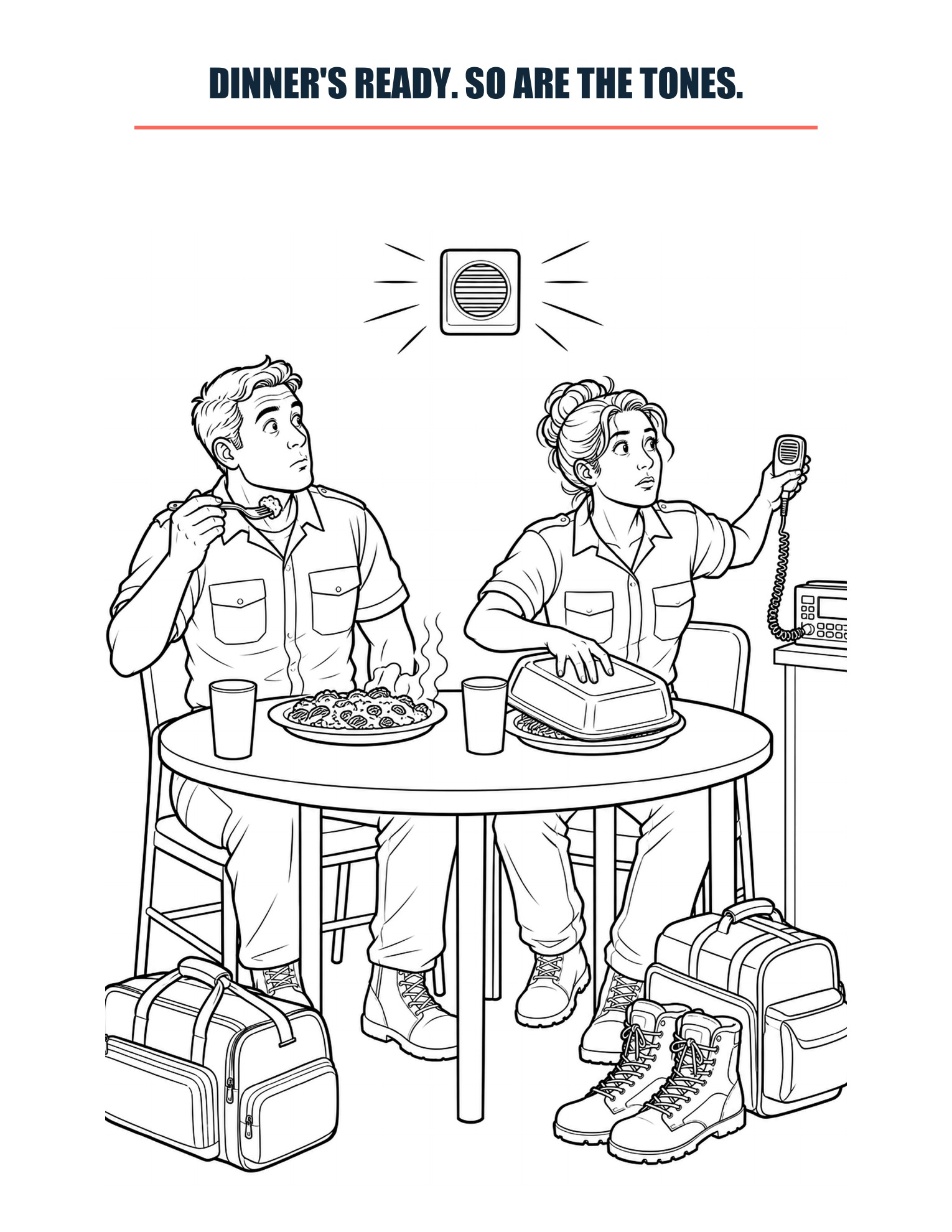 Actual coloring page showing two EMTs whose dinner is interrupted by the tones