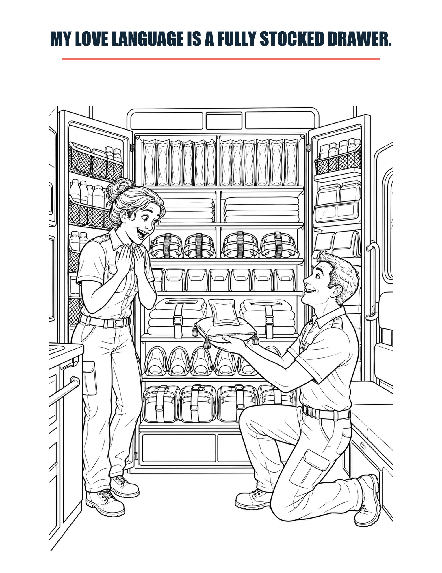 Actual coloring page showing an EMT presenting a fully stocked ambulance drawer
