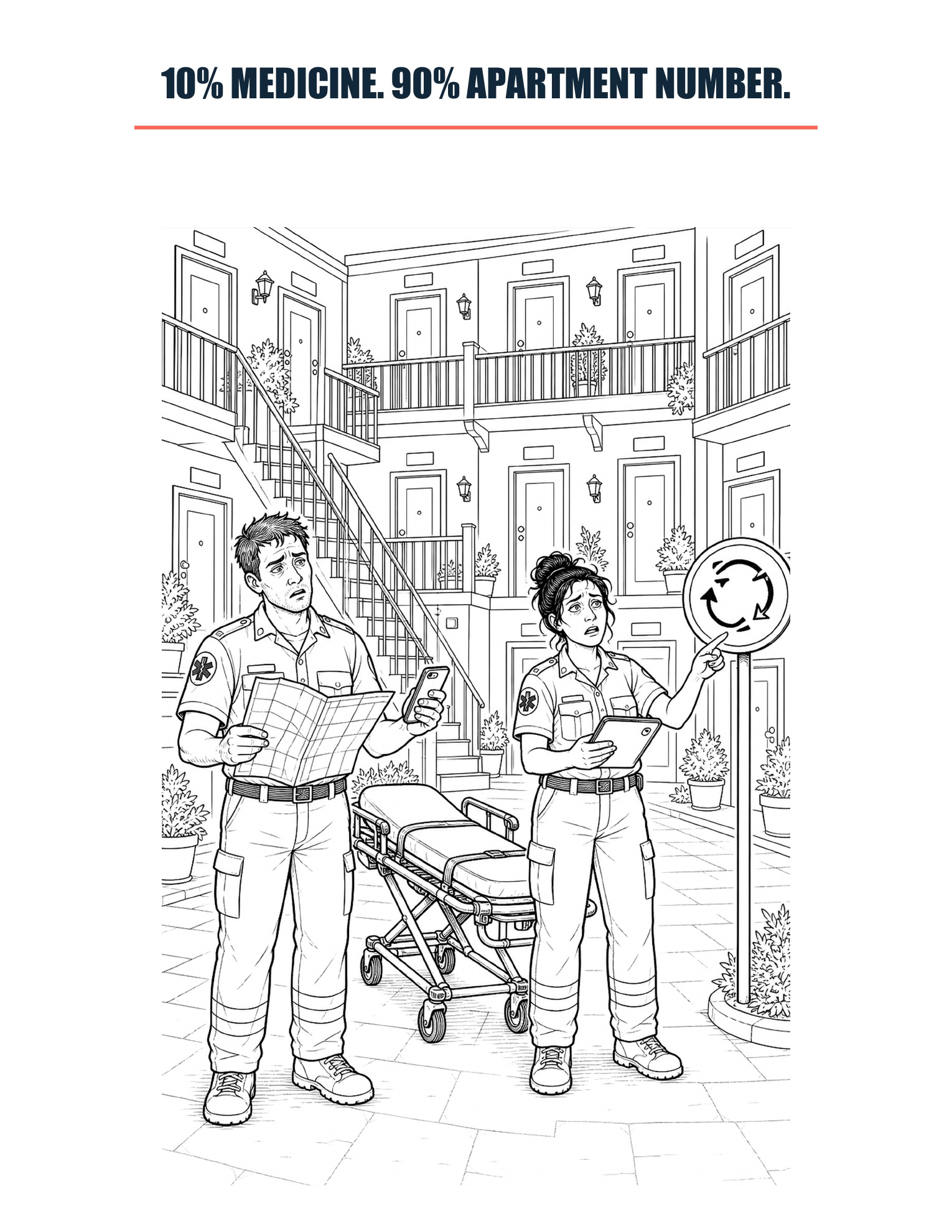 Actual coloring page showing two EMTs searching a confusing apartment complex