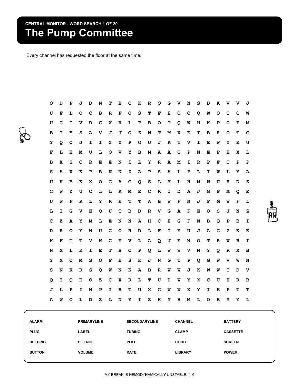 Actual black-and-white Pump Committee word search from My Break Is Hemodynamically Unstable.
