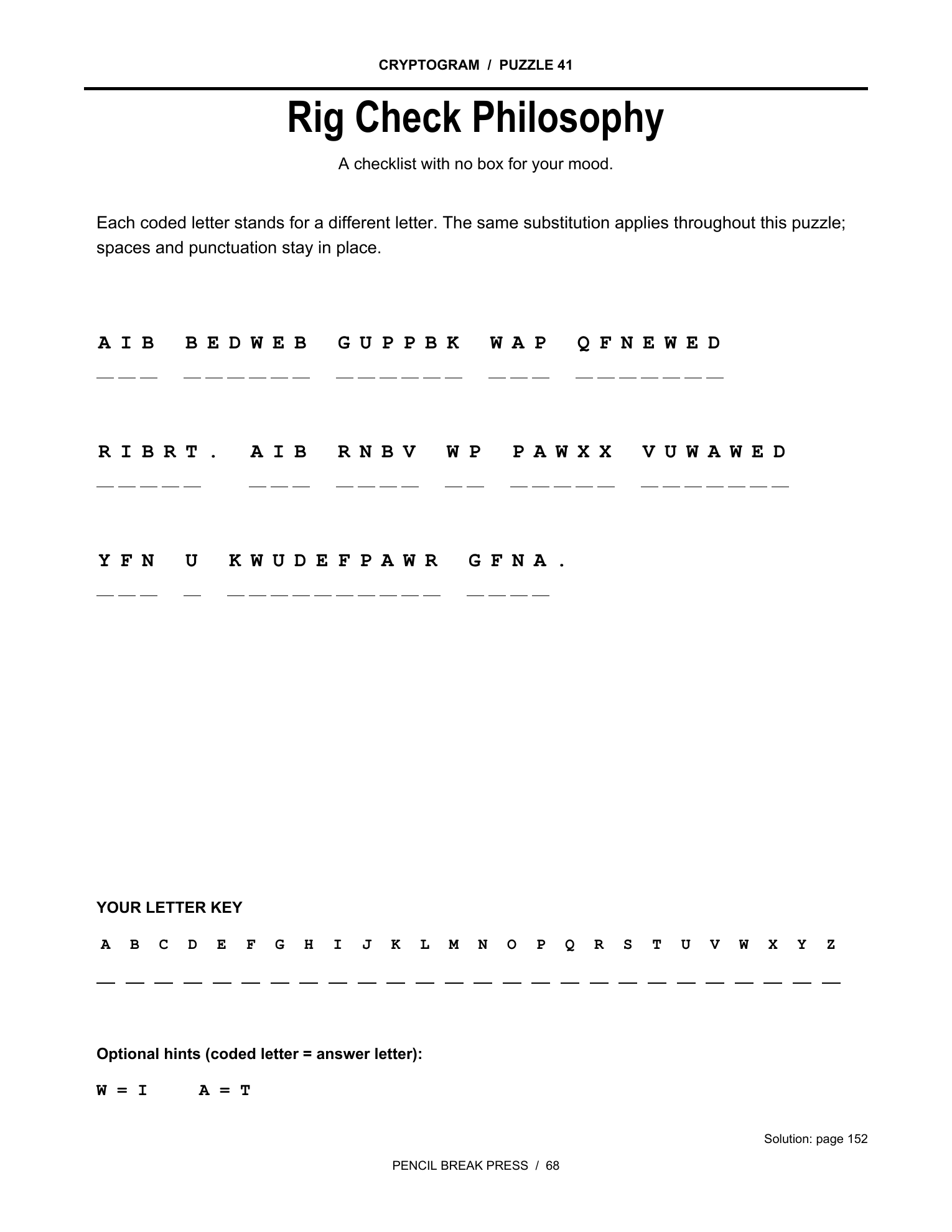 Actual black-and-white cryptogram page from More Water Won't Solve This.