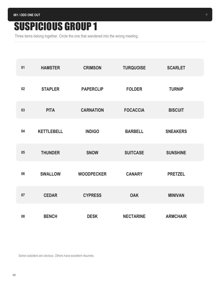 Sample odd one out page from I'm Not Procrastinating. This Is a Puzzle
