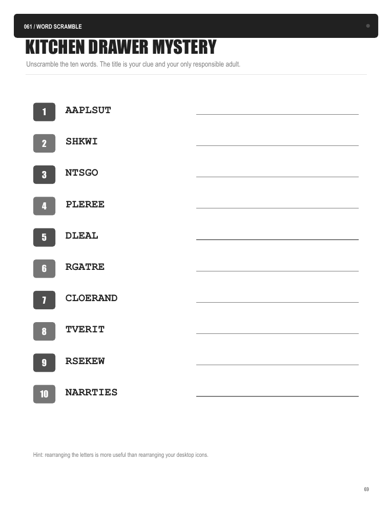 Sample word scrambles page from I'm Not Procrastinating. This Is a Puzzle