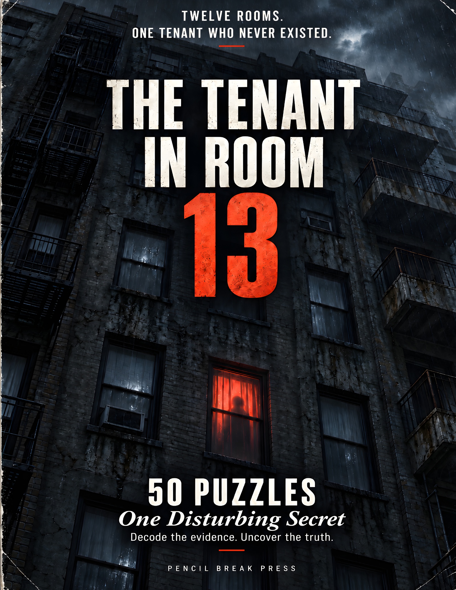The Tenant in Room 13: worn cover with a rain-soaked apartment building and one red-lit window