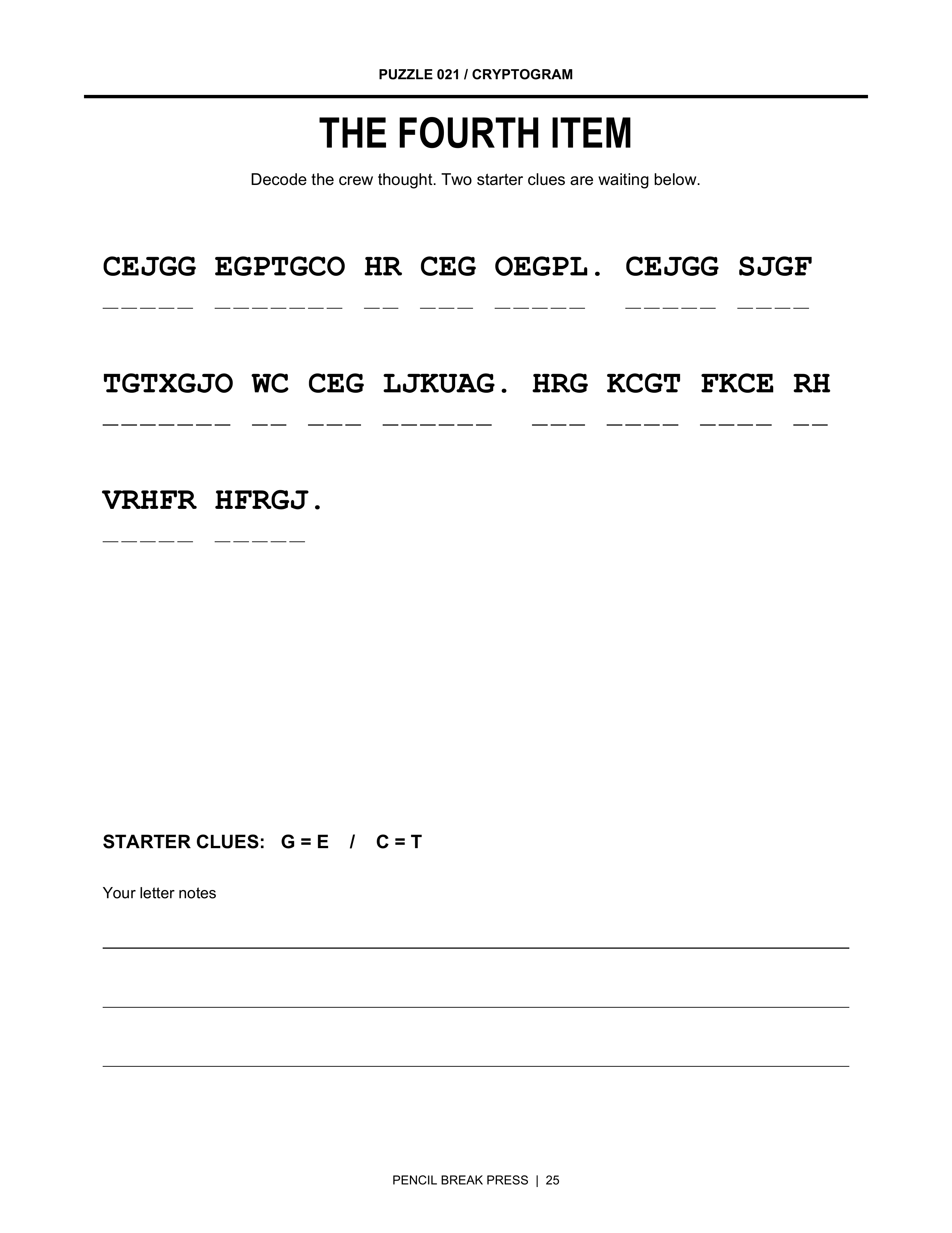 Cryptograms sample page from Three Helmets. One Break. Make It Count.