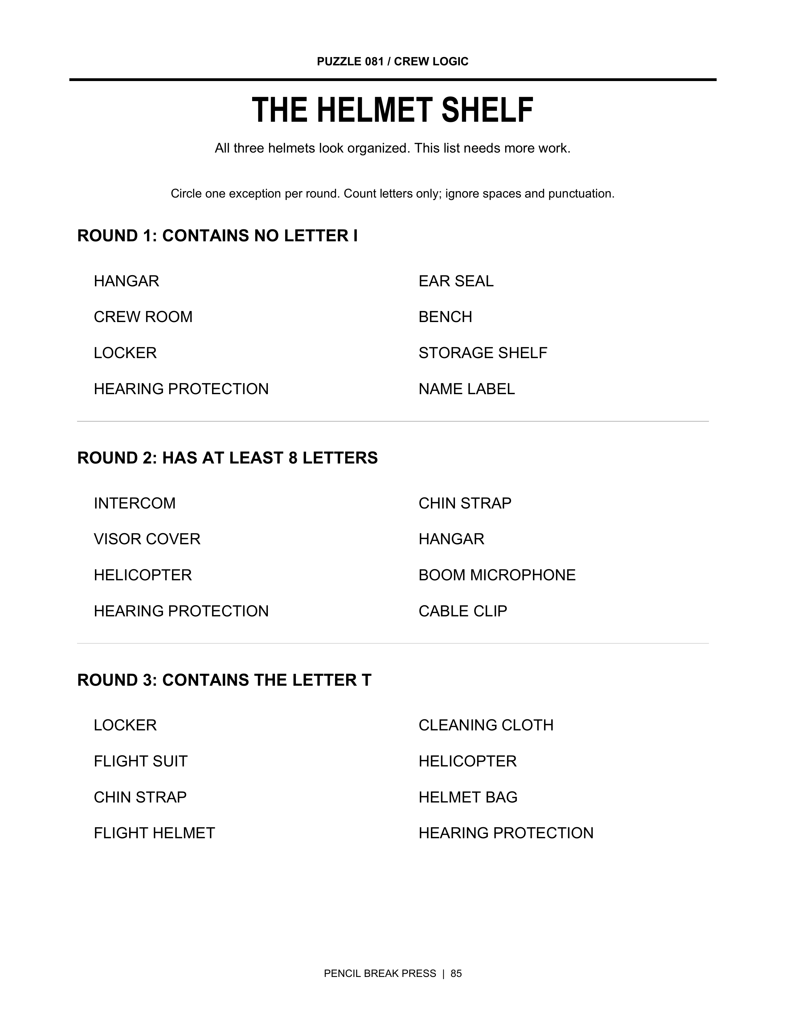 Crew logic sample page from Three Helmets. One Break. Make It Count.