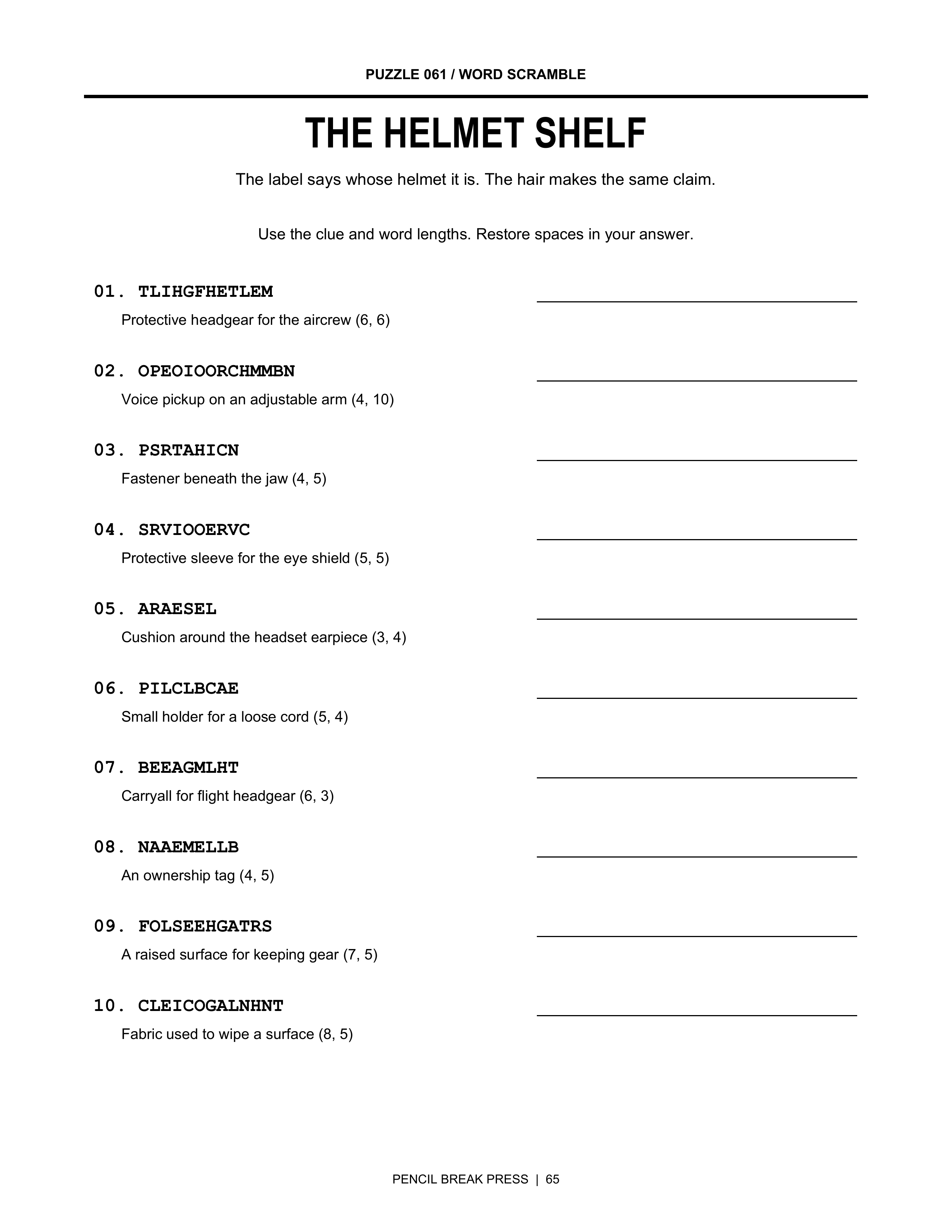 Word scrambles sample page from Three Helmets. One Break. Make It Count.